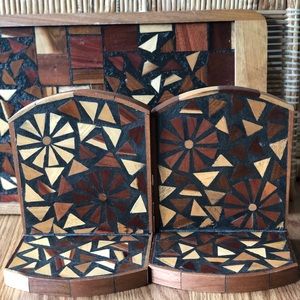 Vintage Hand Made Ecuadorian Wood Mosaic Tray and Bookends